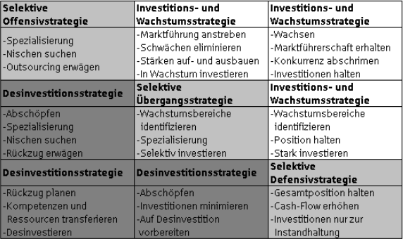 Tabelle 13: Konkretisierung der Normstrategien aus der Portfolio-Matrix (Quelle: Jung 2003, S. 322)