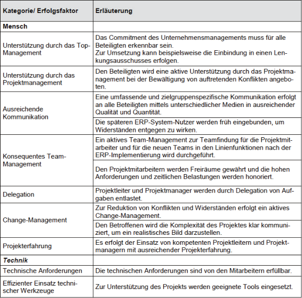 Tabelle 3: Erfolgsfaktoren Mensch und Technik
