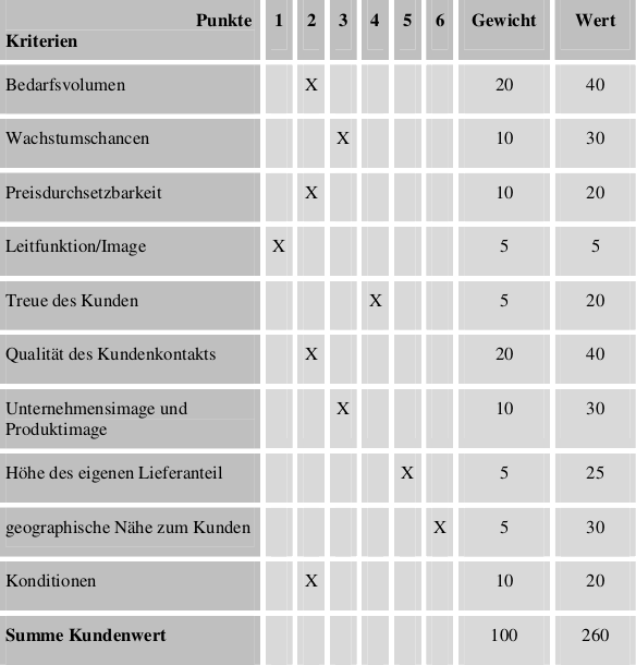Tabelle 7: Kundenbewertungen mit Hilfe des Scoring Verfahrens